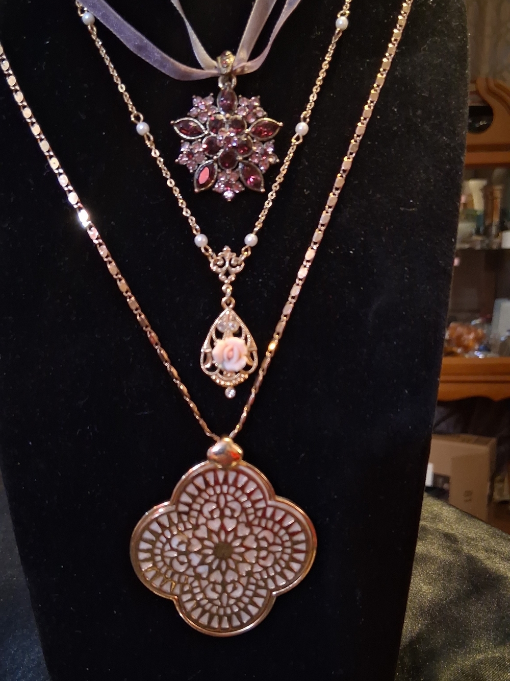 1928 Gold-Tone Layered Necklace Set with Pink and Pearl Accents